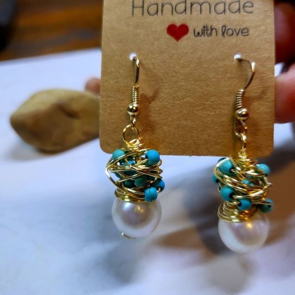 Handmade new earrings natural freshwater pearls and turquoise gold filled - Picture 5 of 6